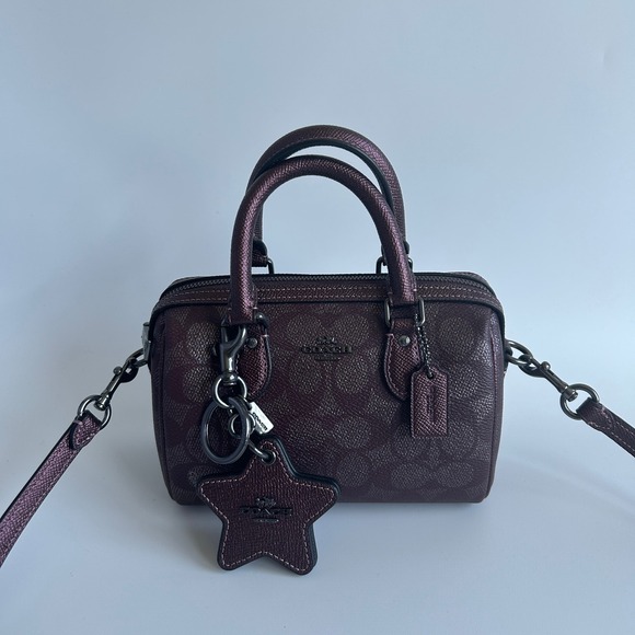 Coach Handbags - Coach Mini Rowan Metallic Plum Signature Leather Crossbody Bag Good